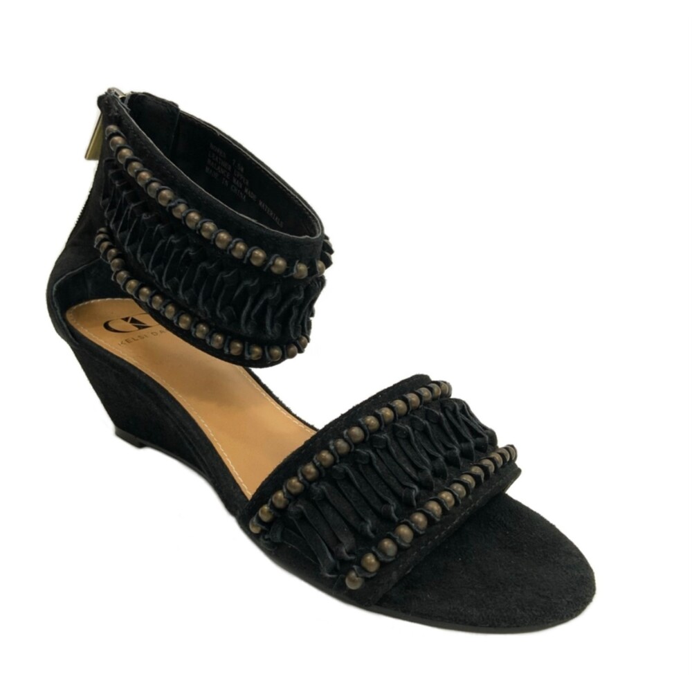 Kelsi Dagger Leather Bowen Ankle Strap Wedge Sandals Black 7.5